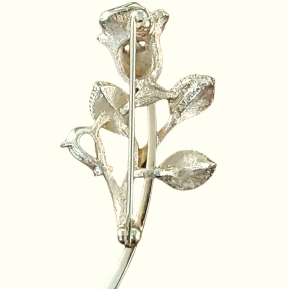 VINTAGE AVON Golden Rose Brooch With Pink Teardrop Crystal Rosebud Flower